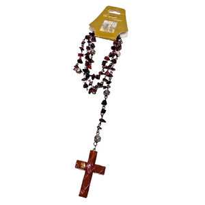 VTG Garnet Red Celluloid Catholic Rosary Beaded Prayer Necklace w Cross